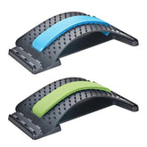 Two Back Stretcher Lower Back Pain Relief Devices from Showlu Well Nation Store are shown, each with spiky surfaces, a blue or green center strip, and an arch design for lumbar support and effective back massager use.