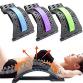 A woman lies on the Showlu Well Nation Store Back Stretcher Multi-Level Adjustable Massager, easing lower back pain. Above her, three black stretchers with blue, purple, and green accents show how the device supports the lumbar and cervical spine.
