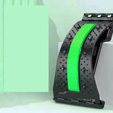 The Showlu Well Nation Store's 6th Generation Upgraded Back Stretcher features black ABS, a bright green foam pad, and magnetic massage points, shown standing on a white surface with a light green background—ideal for back pain relief and relaxation.