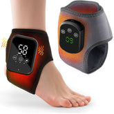 A person wears the Showlu Well Nation Store Electric Heat And Vibration Ankle Massager Infrared Hot Compress Therapy Brace, featuring a digital display, buttons, and heat indicators; another similar brace is shown nearby to highlight its advanced heating design.