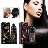A bottle and box of Showlu Well Nation Store Hair Color Dye Shampoo are shown with a woman’s smooth black hair and a before-and-after inset, highlighting the unisex product’s fast gray coverage and nourishing, restorative effects.