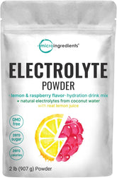 Micro Ingredients Hydration Electrolyte Powder by Showlu Well Nation Store offers 139 servings of keto, no sugar, high-potassium (1000mg) drink mix with lemon raspberry flavor in a silver pouch featuring fruit images. GMO-free and zero calories.