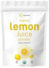 A white pouch of Showlu Well Nation Store Organic Lemon Juice Powder, 10 oz, made from cold-pressed lemons, is labeled USDA organic and highlights its vitamin C content, being filler-free, non-GMO, with no sugar or additives.