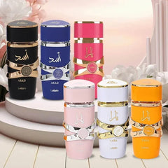 Collection of Original Yara Perfume bottles in varied colors with gold accents, high-quality Arabian unisex pheromone fragrances.