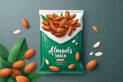 A green and white Showlu Well Nation Store package labeled "Premium Organic Almonds - Non-GMO, Heart-Healthy, Nutrient-Rich Snack for Cooking & Baking" lies on a gray surface, surrounded by almonds, almond seeds, and green leaves.