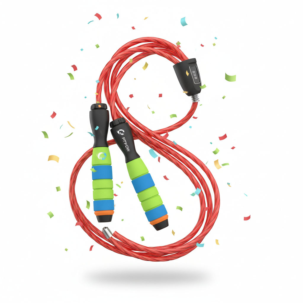 A red jump rope with black and blue-green handles lies coiled on a white background, surrounded by colorful confetti.