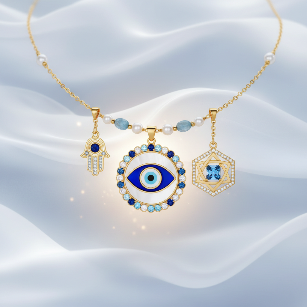 A gold necklace with three charms: a blue hamsa hand, a large blue evil eye decorated with gems, and a geometric pendant, set against a soft, flowing white fabric background.