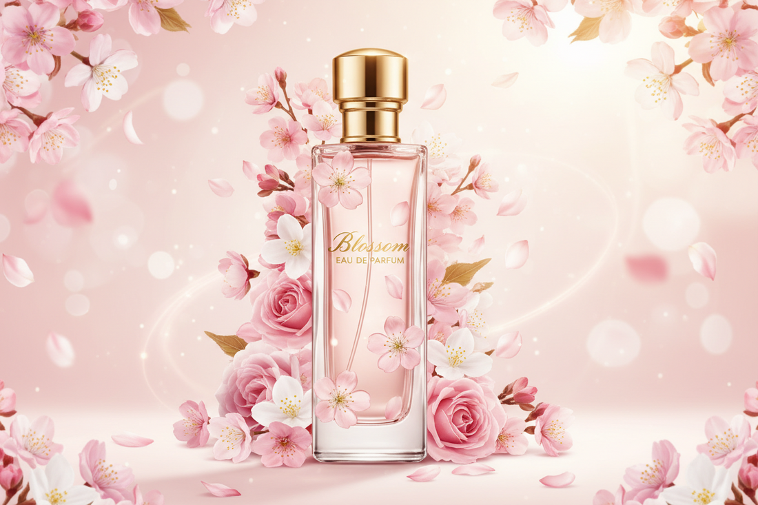 A glass perfume bottle labeled Blossom Eau de Parfum stands amid pink roses and cherry blossoms, with petals floating around, all set against a soft pink background.