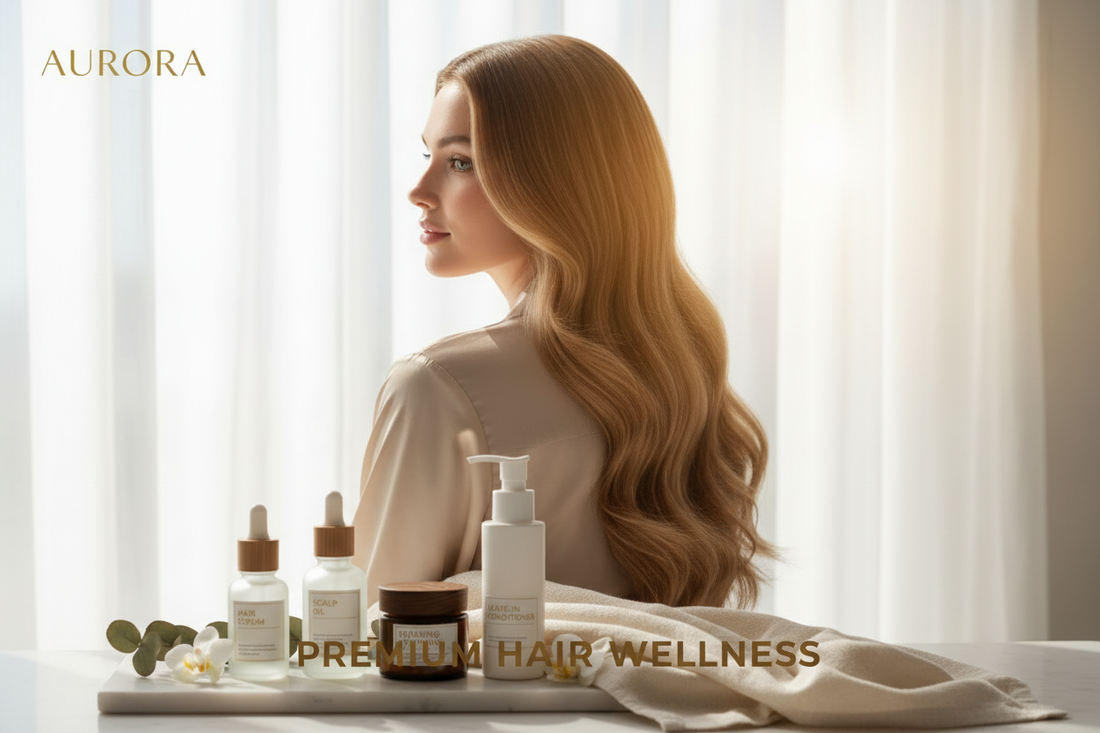 A woman with long, wavy blonde hair sits beside bottles and jars of hair care products on a table, with sunlight streaming through sheer curtains. Text reads: AURORA PREMIUM HAIR WELLNESS.