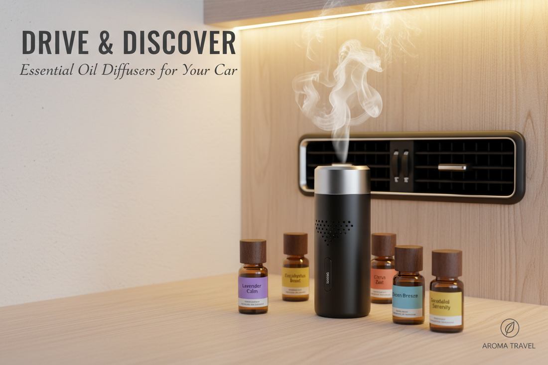A car air vent with a black essential oil diffuser emitting vapor sits on a wooden surface, surrounded by five small bottles of essential oils. Text reads: “Drive & Discover—Essential Oil Diffusers for Your Car.”.