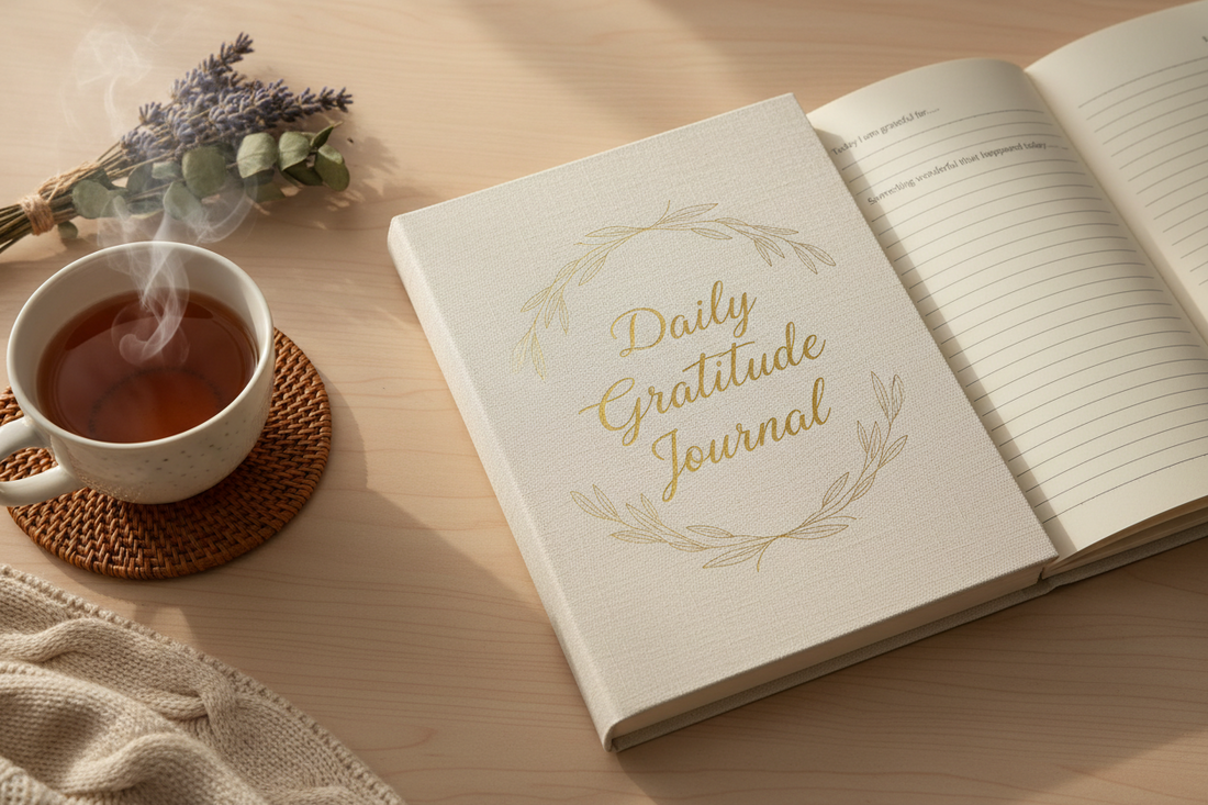 A Daily Gratitude Journal lies open on a wooden table beside a steaming cup of tea, a woven mat, a small bouquet of lavender, and a beige knitted blanket.