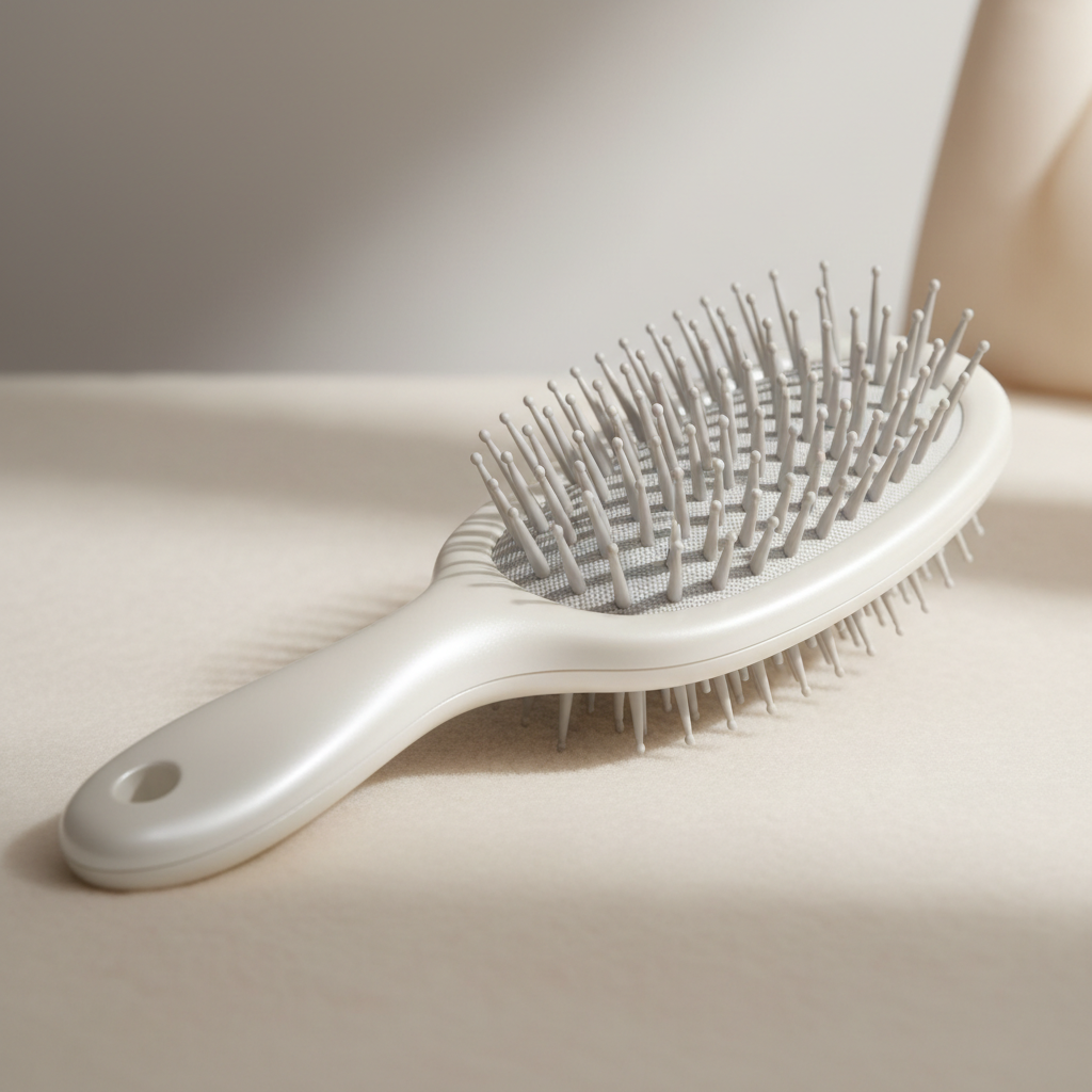 A white plastic hairbrush with gray bristles rests on a light-colored surface in soft, natural lighting.