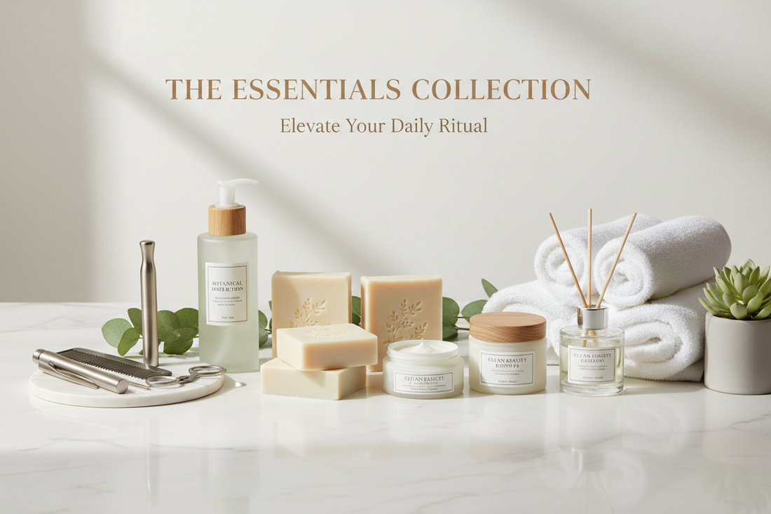 A collection of beauty and self-care products, including soap bars, jars, a pump bottle, scissors, towels, and a reed diffuser, arranged on a marble surface with The Essentials Collection text above.