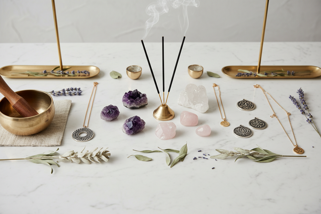 A marble table with crystals, jewelry, incense sticks burning, a singing bowl, dried lavender, and sage arranged neatly in a calming, spiritual setting.