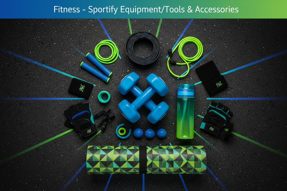 Flat lay of fitness equipment on a black surface: blue dumbbells, jump rope, resistance bands, water bottle, gloves, and yoga mat. Banner at top reads Fitness - Sportify Equipment/Tools & Accessories.