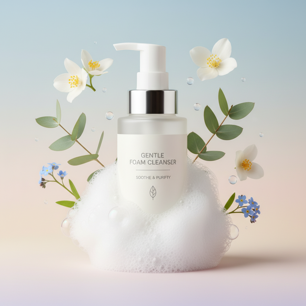A bottle of Gentle Foam Cleanser with a pump, surrounded by foamy bubbles, green leaves, and white blossoms, set against a soft pastel gradient background.