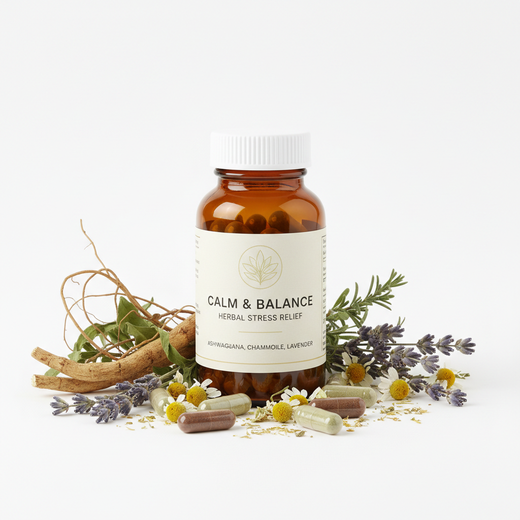 A bottle labeled Calm & Balance Herbal Stress Relief sits among chamomile flowers, lavender sprigs, roots, and assorted capsules, all arranged on a white background.