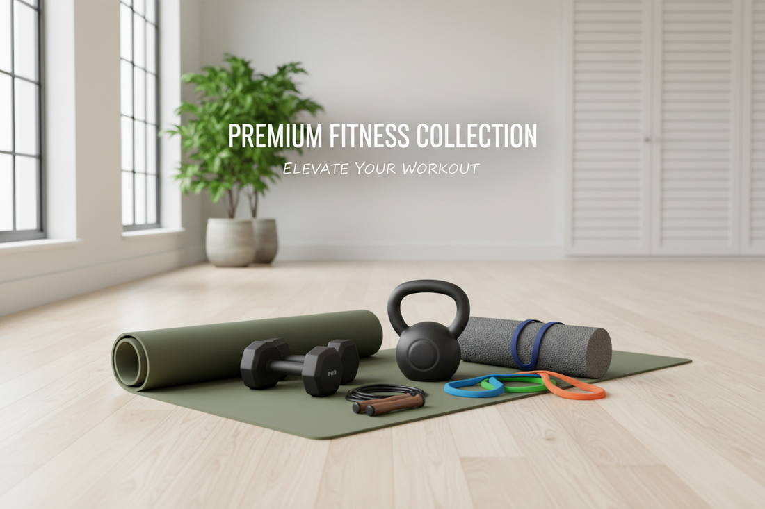 A yoga mat with dumbbells, a kettlebell, resistance bands, a foam roller, and a jump rope is displayed in a bright home gym. Text reads Premium Fitness Collection. Elevate Your Workout.