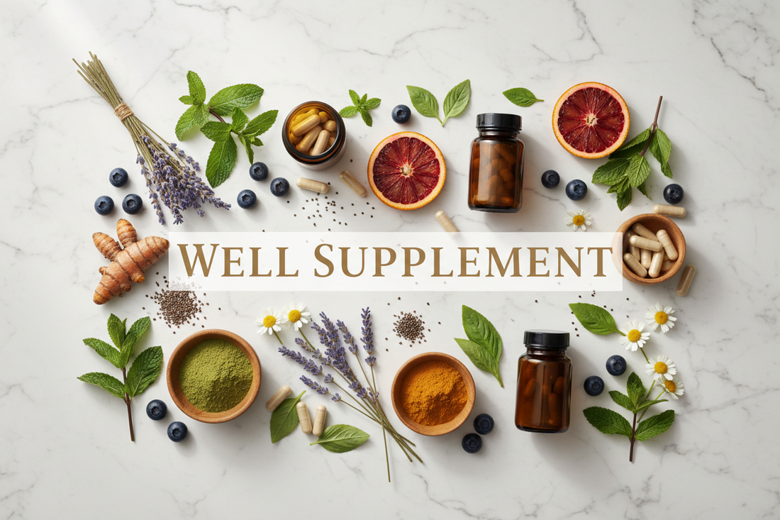 Flat lay of herbal supplements, capsules, pills, and natural ingredients like turmeric, mint, lavender, and citrus slices on a marble surface with Well Supplement text in the center.
