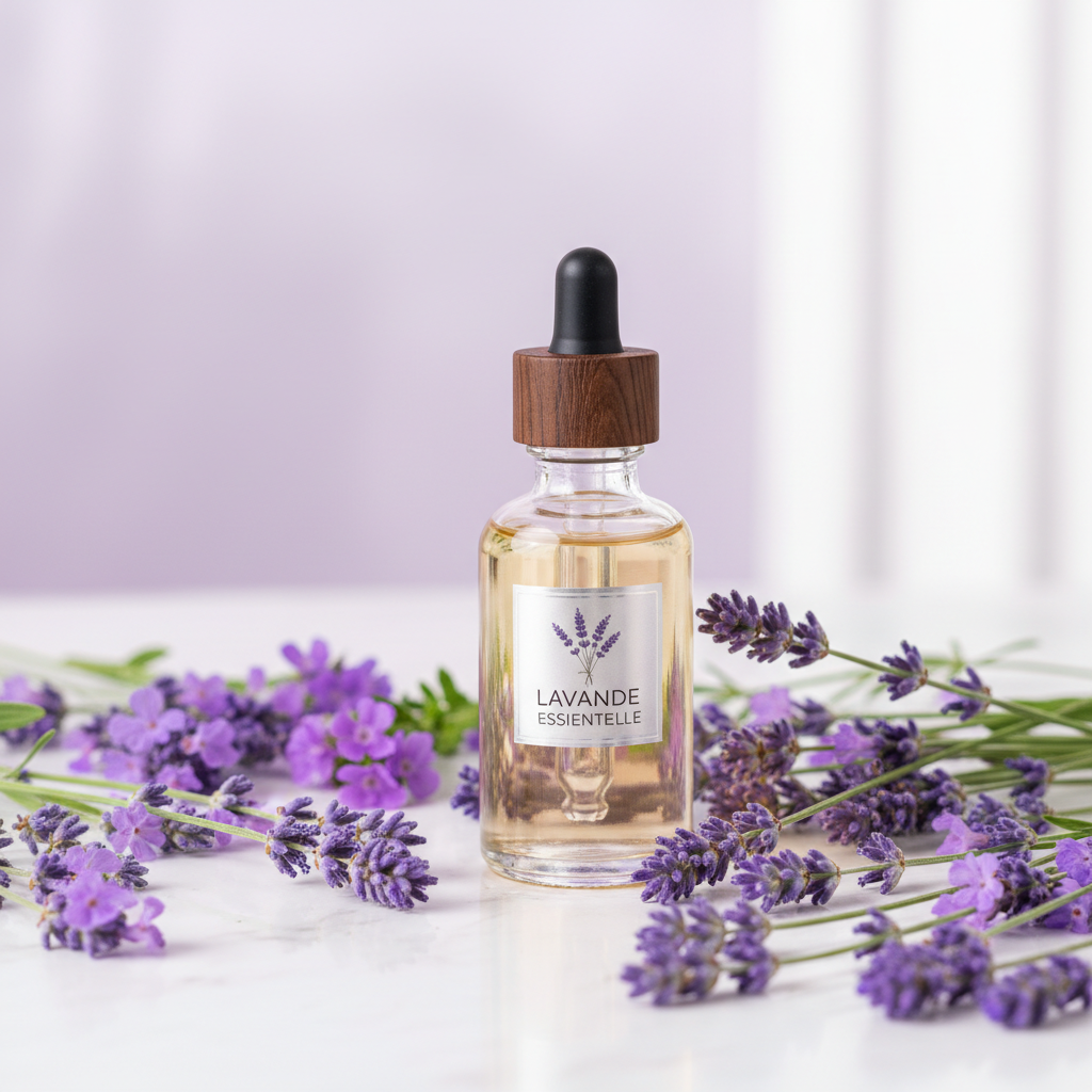 A glass dropper bottle labeled Lavande Essentielle sits on a white surface, surrounded by fresh sprigs of lavender flowers, with a soft purple and white background.