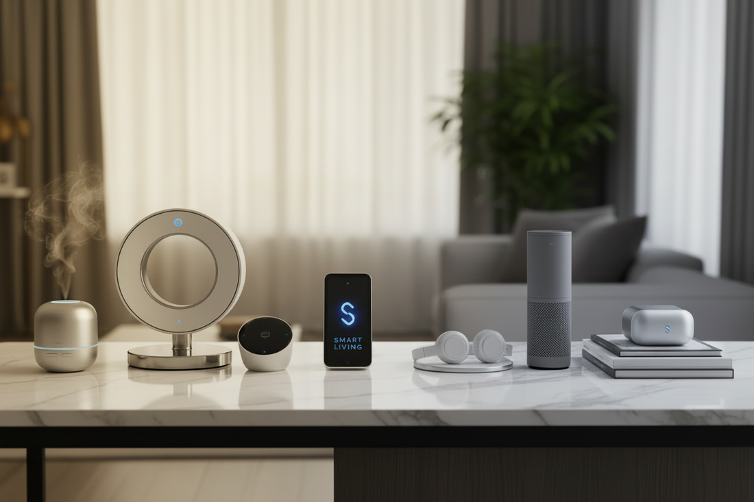 A marble table displays various smart home devices, including a fan, diffuser, speakers, headphones, a smartphone with “Smart Living” on screen, and a smart speaker, set in a modern, sunlit living room.