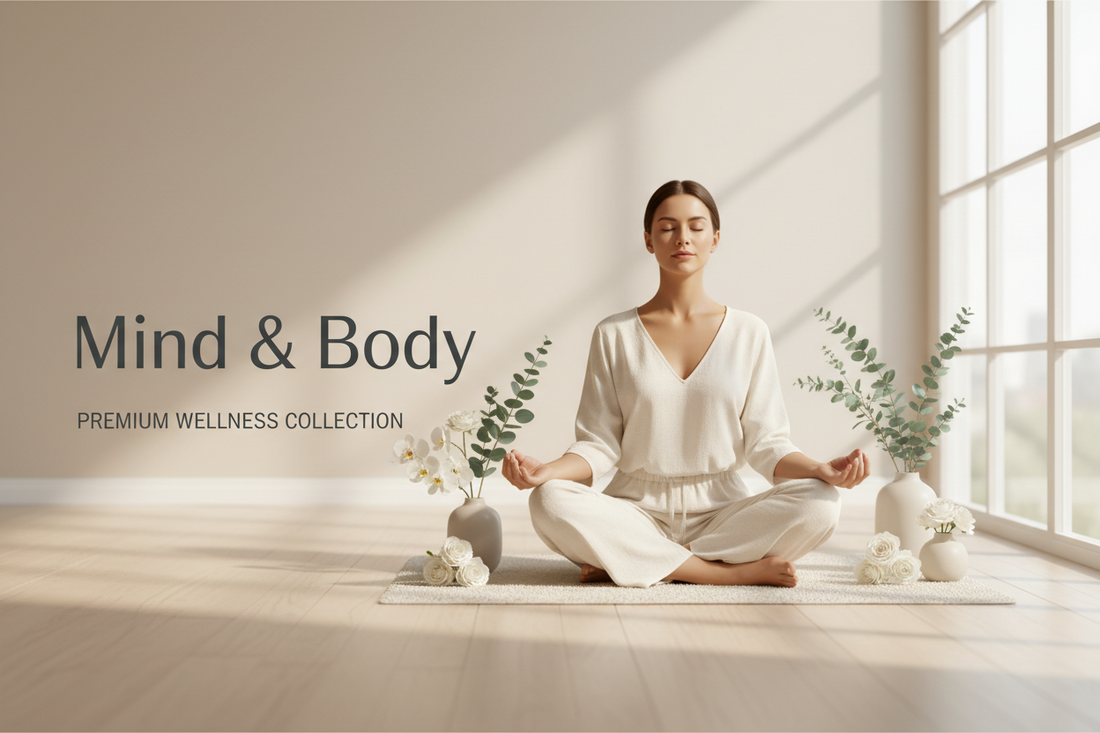 A woman sits cross-legged meditating in a bright, minimal room with plants and white flowers. Text reads Mind & Body, Premium Wellness Collection. Sunlight pours in through large windows.