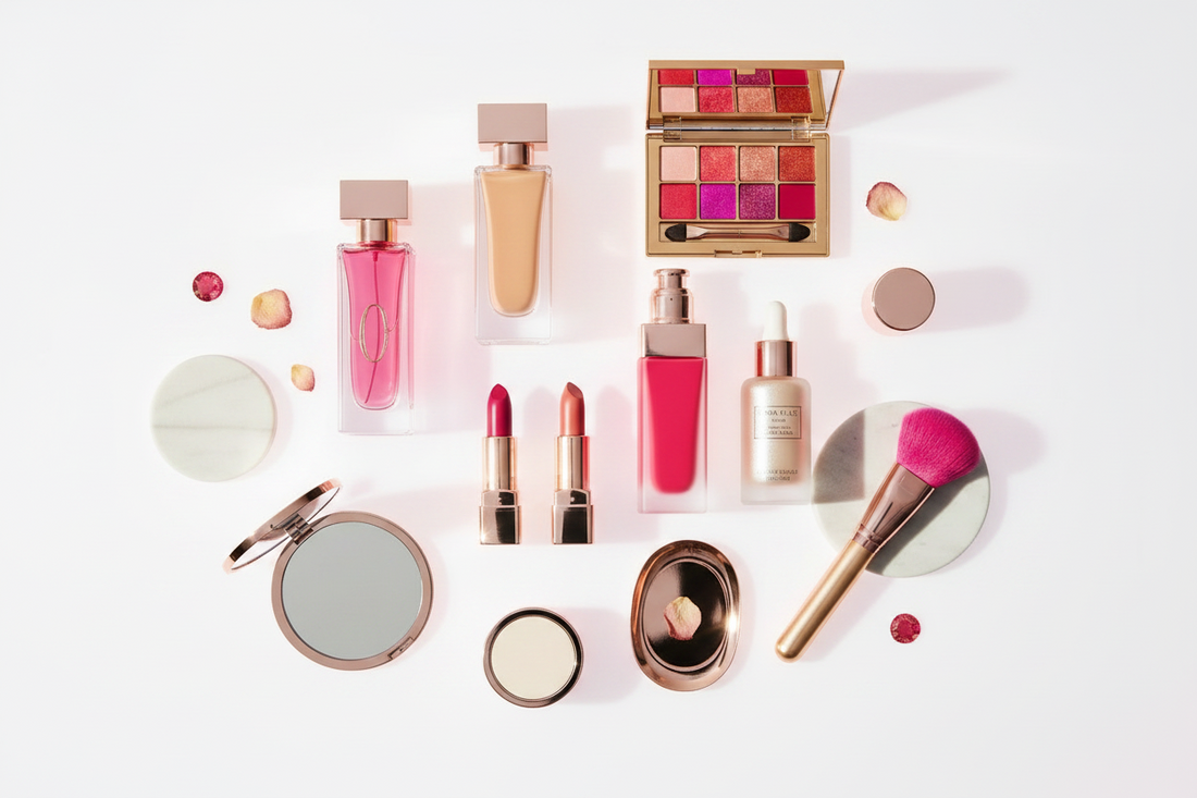 An arrangement of makeup products, including lipsticks, foundation, perfume bottles, blush, a makeup brush, compact mirror, eyeshadow palette, and rose petals on a white background.