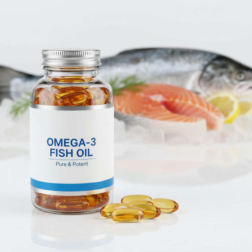 A bottle of omega-3 fish oil capsules sits in front of raw salmon fillet, a whole fish, and lemon slices on ice, suggesting the source and freshness of the supplement.