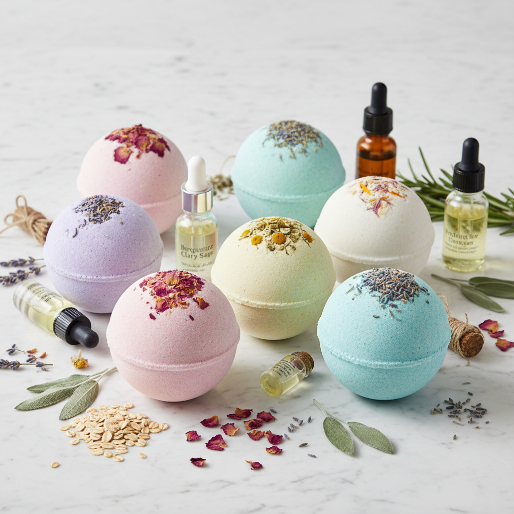 Bath bombs in pastel colors, some topped with dried flowers, are arranged with small dropper bottles of essential oils and herbs on a marble surface.