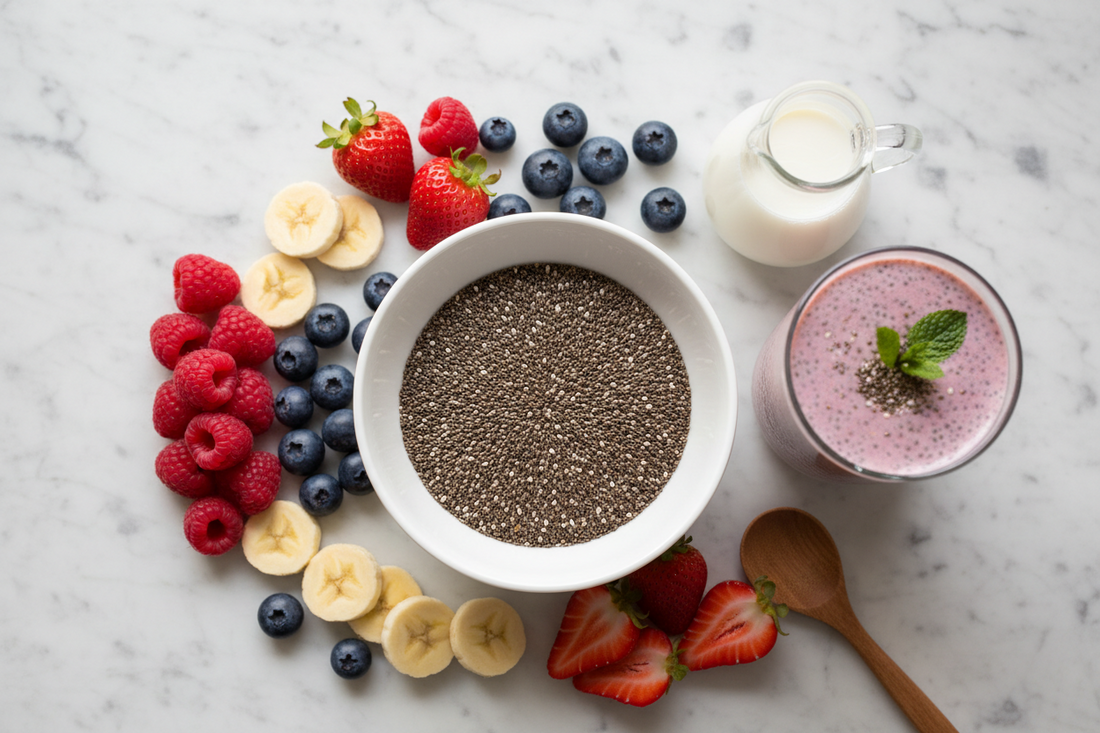 A bowl of chia seeds surrounded by sliced bananas, strawberries, raspberries, and blueberries, with a small pitcher of milk and a pink smoothie garnished with mint on a marble surface.