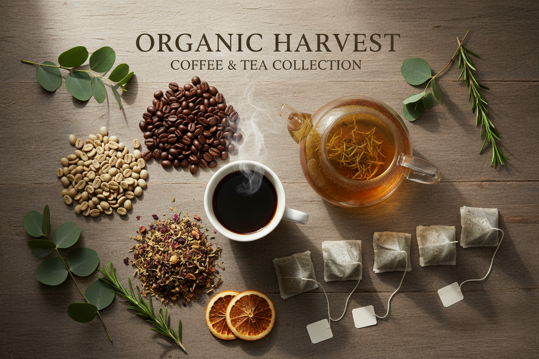 A rustic tabletop displays coffee beans, a steaming coffee cup, a teapot with herbal tea, tea bags, dried citrus slices, herbs, and floral tea, with Organic Harvest Coffee & Tea Collection text above.