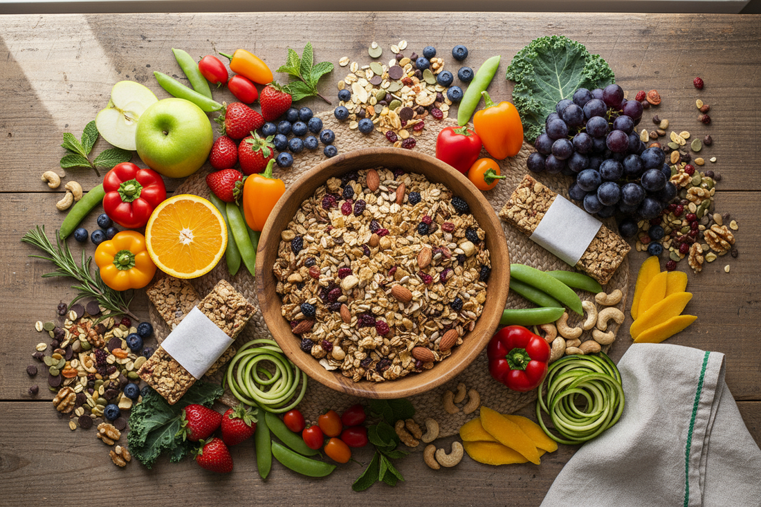 A wooden bowl of granola is surrounded by granola bars, fresh fruits, vegetables, and nuts, including apples, oranges, strawberries, grapes, peppers, kale, blueberries, cashews, and mango on a rustic table.