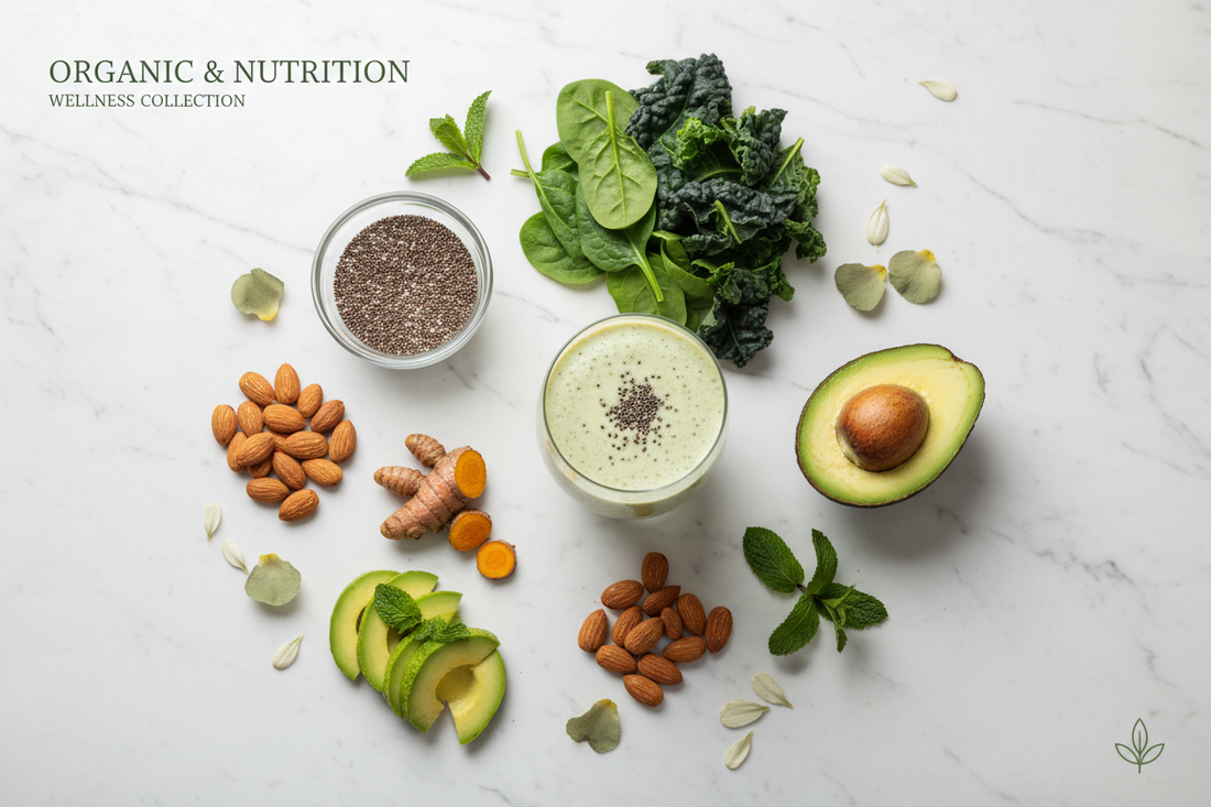 Flat lay of a green smoothie surrounded by spinach, kale, avocado, almonds, turmeric, chia seeds, and mint leaves on a marble surface. Text reads ORGANIC & NUTRITION WELLNESS COLLECTION.