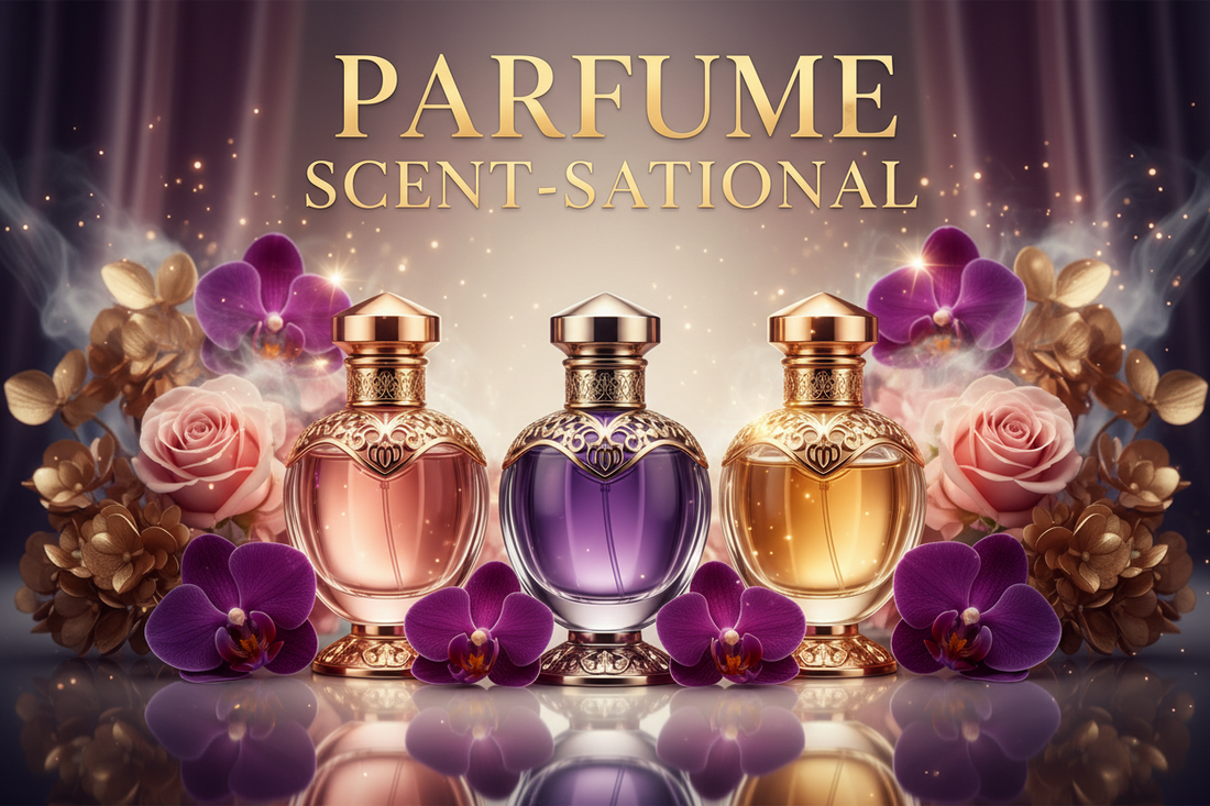Three ornate perfume bottles in gold, purple, and amber, surrounded by pink roses, purple orchids, and golden leaves. Text above reads “PARFUME SCENT-SATIONAL” on a glowing, elegant background.