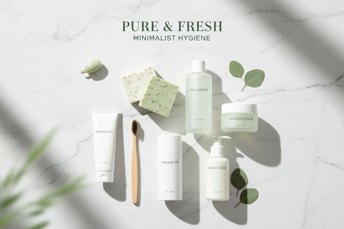 Minimalist toiletries set including shampoo, conditioner, deodorant, moisturizer, toothpaste, a toothbrush, two soap bars, and eucalyptus leaves arranged on a light background with soft shadows.