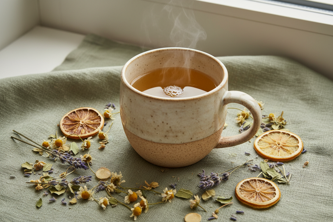 A steaming cup of herbal tea sits on a green cloth, surrounded by dried orange slices, lavender, chamomile flowers, and other dried herbs, placed near a sunlit window.