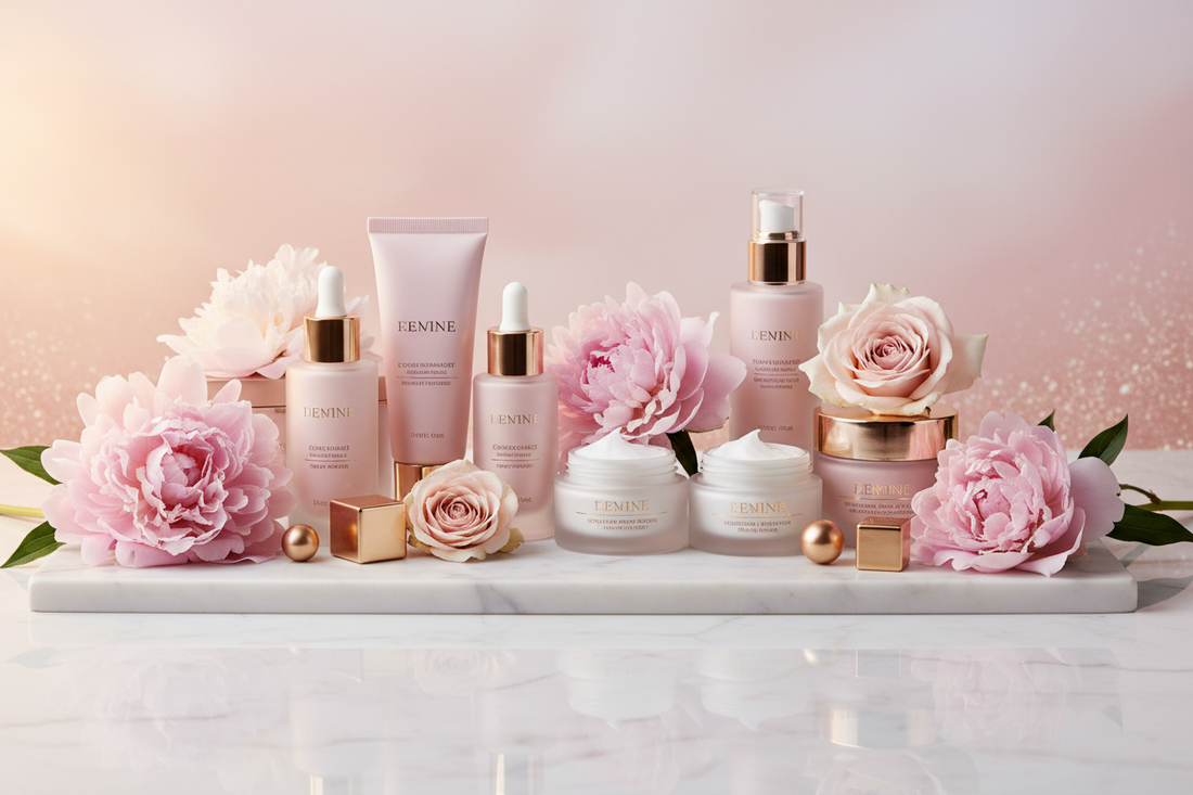 A collection of pink skincare products arranged on a marble tray, surrounded by pink peonies and roses, with a soft pink background. The packaging is elegant with gold accents.