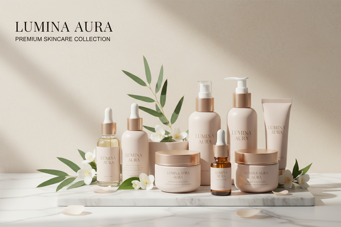 A collection of Lumina Aura skincare products in elegant beige and gold bottles and jars, arranged on a marble surface with green leaves and white flowers for decoration.
