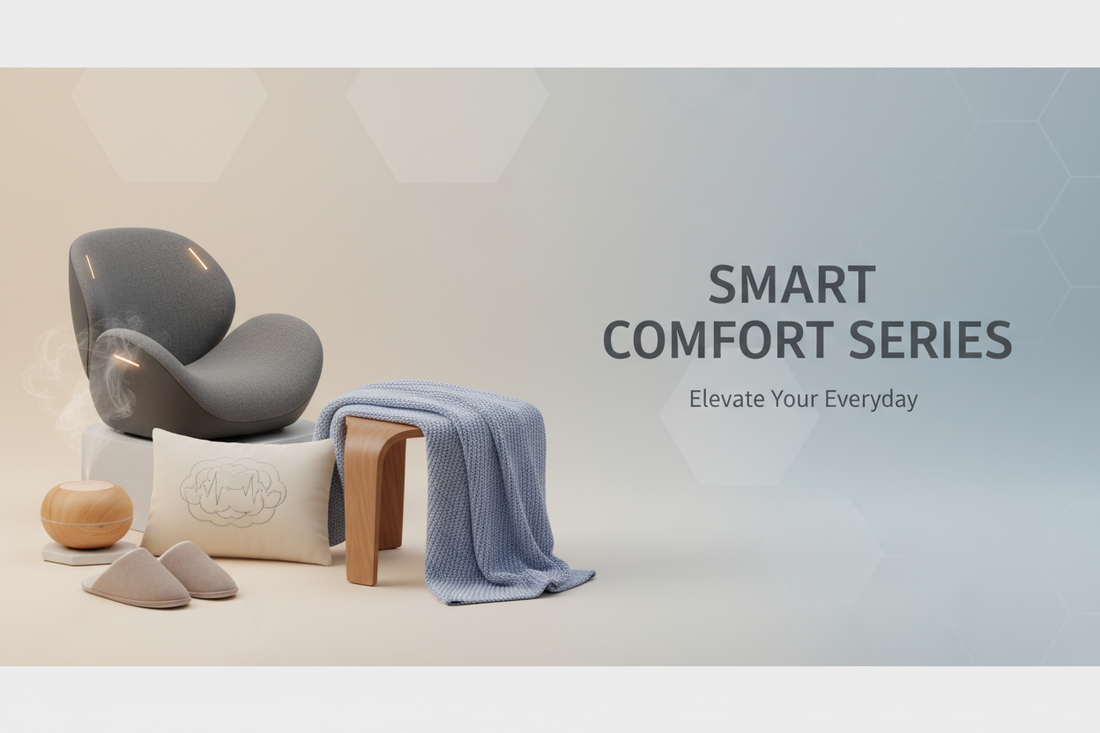 A modern lounge chair, wooden stool with a blue blanket, slippers, a diffuser emitting steam, and pillows are arranged beside text reading SMART COMFORT SERIES—Elevate Your Everyday on a light, geometric background.