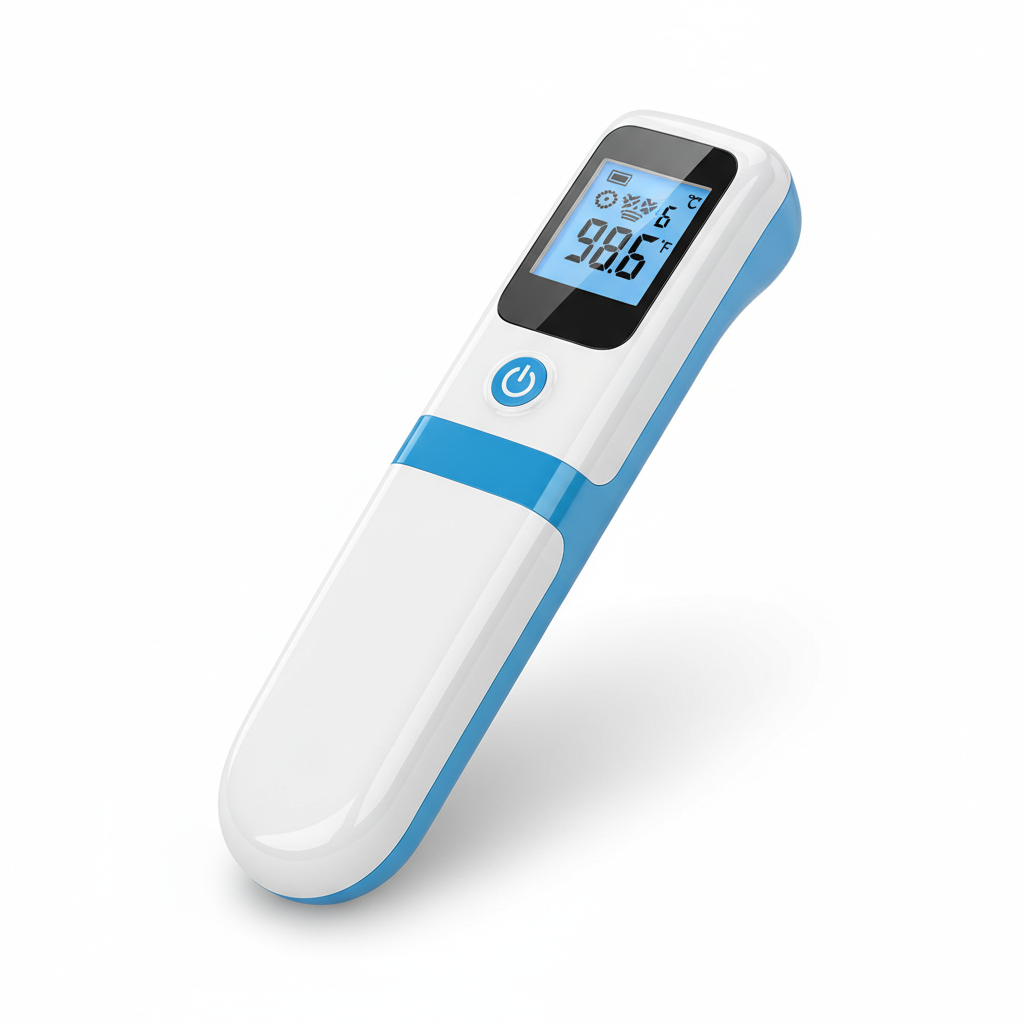 A digital infrared thermometer with a blue and white body, showing a display screen reading 98.6°F, lies on a white surface. The thermometer features a power button below the screen.