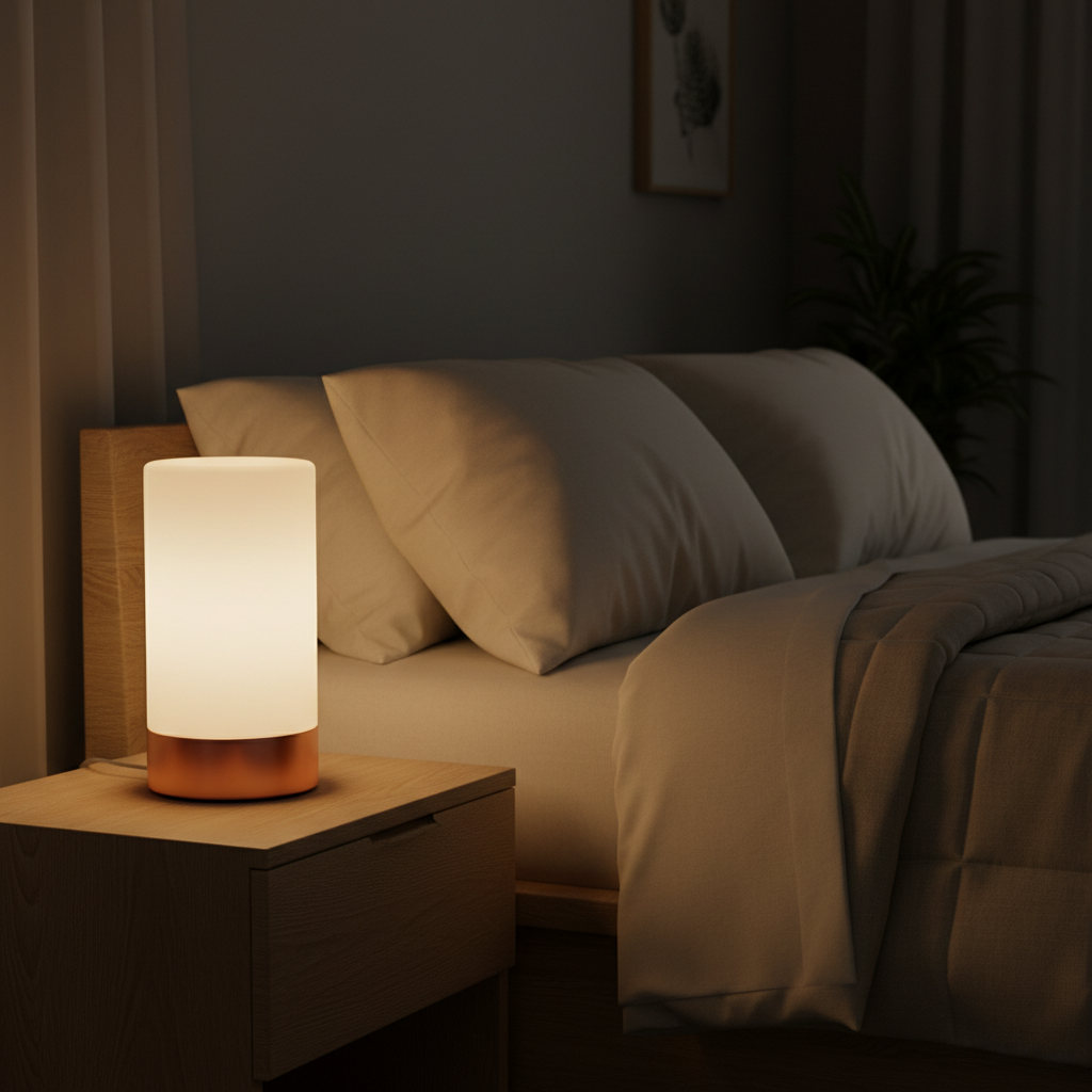 A softly glowing bedside lamp sits on a wooden nightstand next to a neatly made bed with white pillows and sheets in a cozy, dimly lit bedroom.