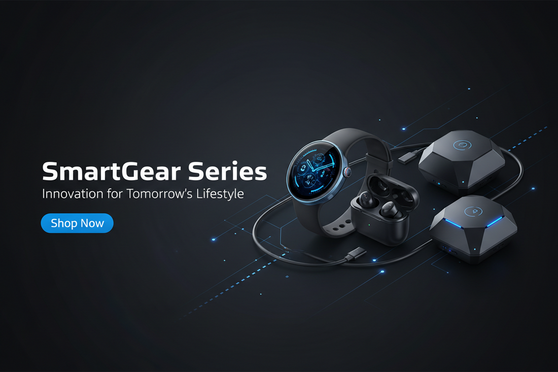 Futuristic smart devices including a smartwatch, earbuds with charging case, and two hexagonal hubs on a dark background with blue digital accents. Text reads: SmartGear Series. Innovation for Tomorrow’s Lifestyle.