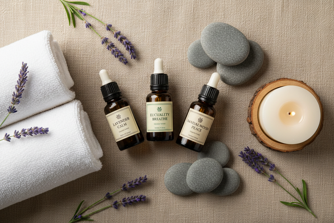 Three essential oil bottles, a lit candle, stacked white towels, smooth gray stones, and sprigs of lavender arranged on a beige surface for a relaxing spa setting.