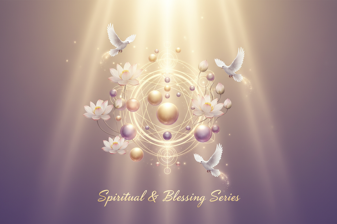 Soft light shines on white doves, lotus flowers, and golden spheres arranged in a geometric pattern, with the text Spiritual & Blessing Series beneath on a soft purple background.