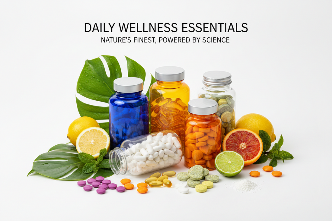 Various colorful supplement pills and capsules in glass jars are arranged with citrus fruits and green leaves. Text above reads Daily Wellness Essentials—Nature’s Finest, Powered by Science.