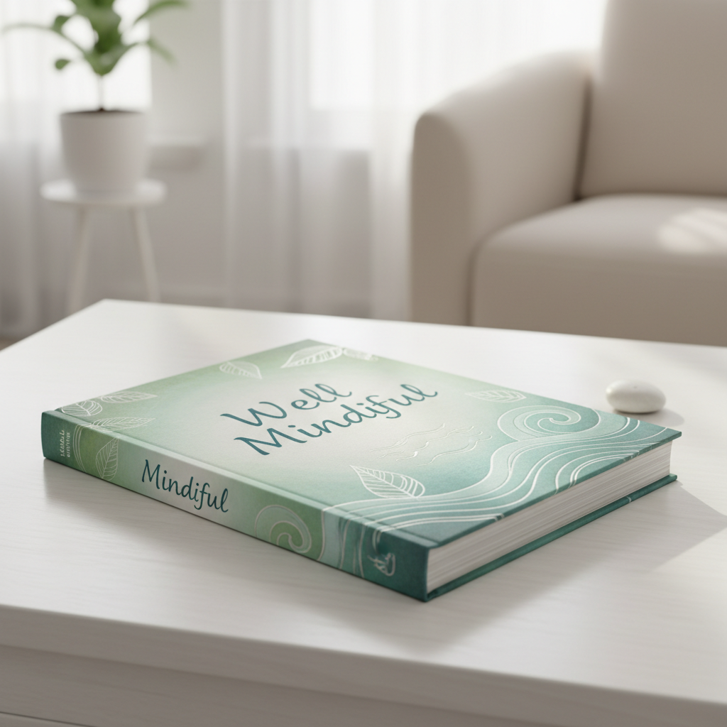 A book titled Well Mindful with a green and white cover featuring leaf and wave designs rests on a white table in a bright, cozy living room.