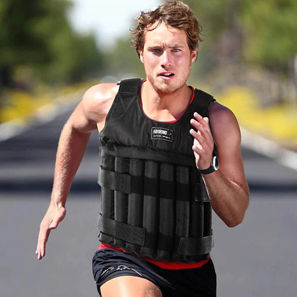 Man running outdoors wearing a black 110LBS adjustable weighted vest for fitness training