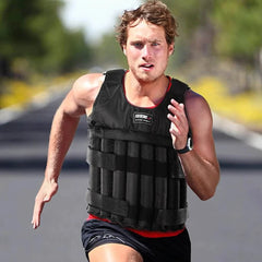 Man running outdoors wearing a black 110LBS adjustable weighted vest for fitness training