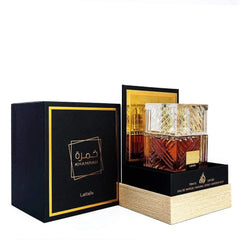 Lattafa Khamrah unisex perfume 3.4 oz bottle with black and gold packaging, warm spice vanilla and cinnamon scent