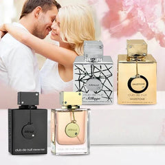 Collection of Armaf Club De Nuit perfumes including Intense Man, Woman, Sillage, and Milestone with a romantic couple in the background